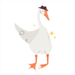 Funny goose character wearing a hat on white background. Cute cartoon bird illustration for stickers, greeting cards, posters, prints, children design, branding, packaging and social media content