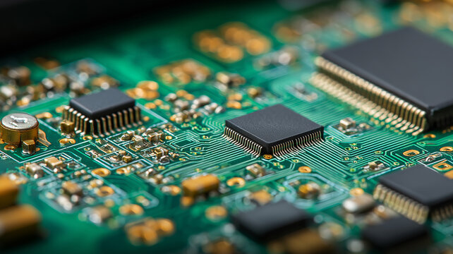 A technological microchip mounted on an electronic circuit showing data processing capability and the concept of advanced digital engineering.
 - Powered by Adobe