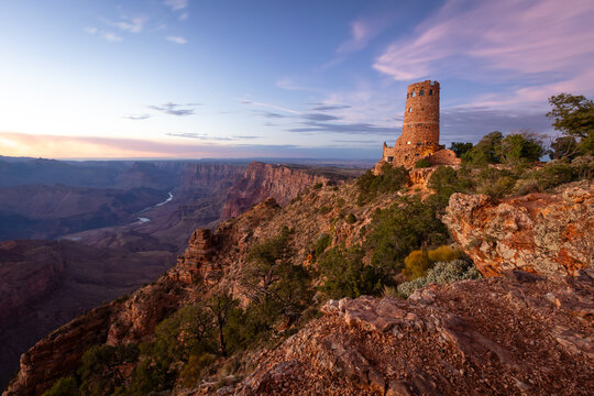 Inspiring peaceful sunset over Desert View Watchtower Grand Canyon National Park