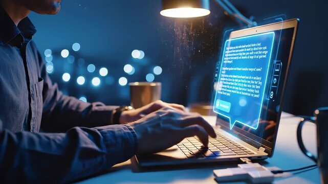 Man types on laptop with holographic chat interface floating at desk. Developer works with ai chatbot on laptop screen. Man using laptop with chat hologram. Evening work with laptop and coffee.
