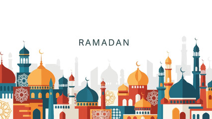 Colorful Ramadan Mosque Cityscape Illustration with Minarets and Domes
