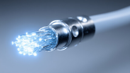A close view of an illuminated fiber optic connector illustrating high speed data transfer and the technological efficiency behind modern digital communication systems.

