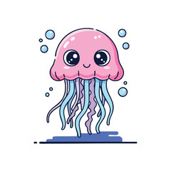 A cute cartoon pink jellyfish with big eyes and blue tentacles surrounded by bubbles on a white background with a playful mood.