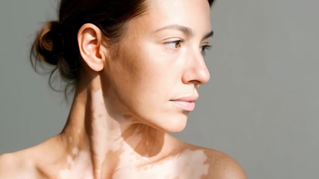 Young woman with vitiligo looking away in natural light, showcasing unique skin pigmentation and confident bare shoulders