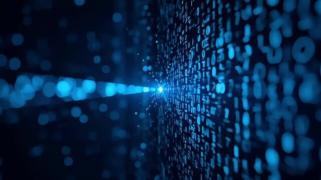 Dynamic blue binary code stream flowing across a dark digital wall, representing modern information technology, global network security, and abstract future.