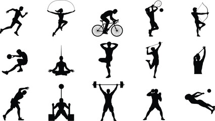 Sports and fitness silhouette vector set with diverse athletic activities for health, competition, and lifestyle illustration themes.