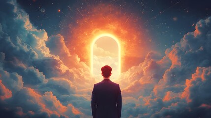 digital art. In a vast, cloudy landscape, a man faces a brilliant orange gateway. Future design visuals, instructional topics, strategic decision-making, branding identity, and AI-driven creativity
