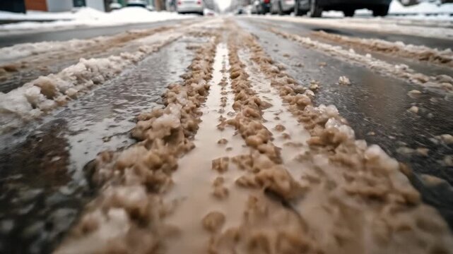 Close-up view of tire tracks in slushy snow on a city street. Concept of winter weather, urban conditions, or road safety. Useful for articles on winter driving and safety tips.