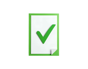 A 3D green clipboard holds a white paper with a large checkmark