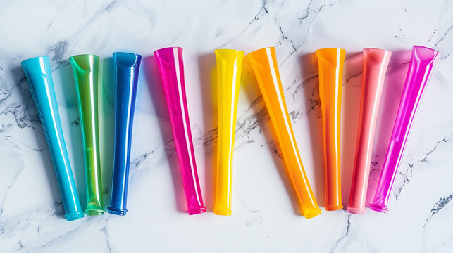 National Kazoo Day:collection of colorful kazoos arranged on white marble surface, studio lighting, perfect shadows, ultra-sharp focus, vibrant colors, minimalist composition