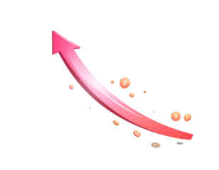 A pink arrow soars upwards, surrounded by floating gold coins