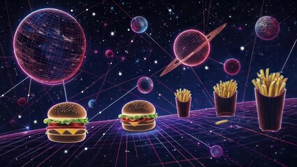Fast food in space.  Digital, futuristic scene with burgers and fries among planets and stars