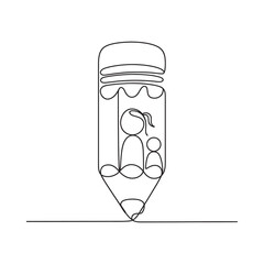 Abstract one line drawing of a pencil with people inside