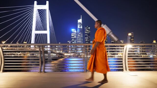 Monk walks across bridge at night cityscape background religious figure in orange robes outdoor scene