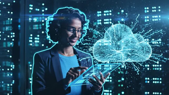 Woman uses tablet with holographic cloud display in office. Professional holds tablet showing cloud network. Woman interacts with cloud hologram. Digital cloud technology on tablet for business comput
