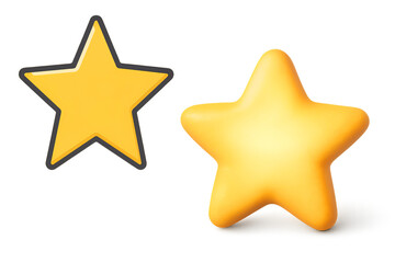 Obraz premium Yellow star icon set with flat outlined and 3D rounded styles isolated on transparent background