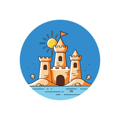 A cartoon illustration of a sandcastle with towers and a flag on a beach with blue water and a sunny sky in a circular frame.