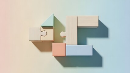 Fototapeta premium Pastel wooden puzzle pieces seamlessly blend to construct a harmonious conceptual house, representing integrated solutions and growth