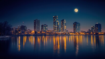Obraz premium Night city skyline, moonlit lake reflection, urban landscape, peaceful scene, tourism