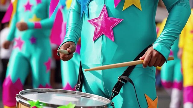 Street Parade Musician - Playing Drum in Colorful Costume, Festive Event