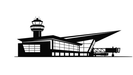 A striking black and white illustration depicting an airport terminal and control tower structure © Ziaul_Studio