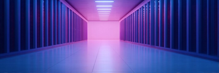 Symmetrical shot of a long corridor in a futuristic data center. liquid cooling pipes. transparent glass floors.
