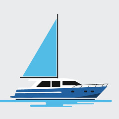 Flat design illustration of a blue and white sailboat on calm water with a light blue sail and a plain gray background.