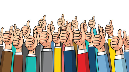 Obraz premium Diverse group of people giving thumbs up in a show of approval and solidarity from a front viewpoint
