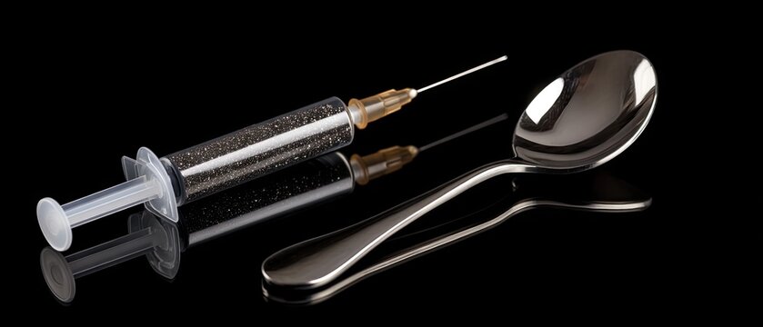 Syringe with white powder and spoon on black background shows items used in drug preparation or consumption