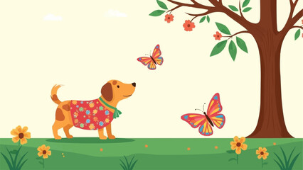 Cute Dachshund Dog Wearing a Colorful Shirt and Collar.