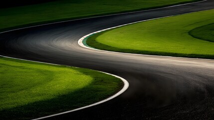Curving Asphalt Race Track with Green Grass Edges.
