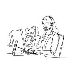 Line art illustration of customer service representatives at their workstations