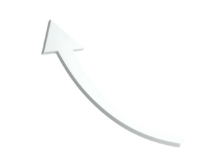 A 3D white curved arrow pointing up and left on a black background