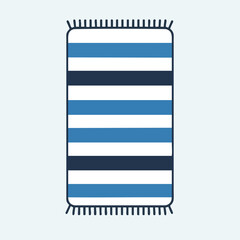 Illustration of a blue, white, and dark blue striped rug with fringe on a plain background.