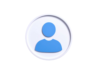A 3D blue person silhouette in a white, circular, beveled icon