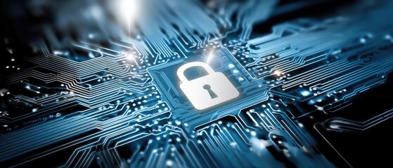 Blue circuit board with white padlock icon at center shows security features and technology in focus with light rays above