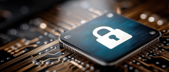 Blue circuit board with white padlock icon in central focus and light rays shining from above during digital security concept
