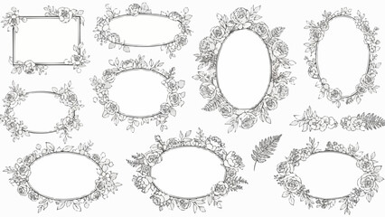 Collection of Elegant Floral Oval and Rectangular Frames with Delicate Botanical Illustrations.