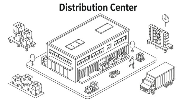 Isometric illustration of a distribution center with trucks pallets and warehouse infrastructure