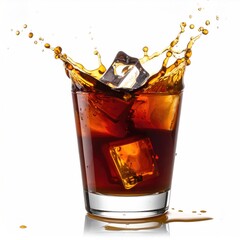 Ice cube splash in a dark brown liquid-filled glass, white background