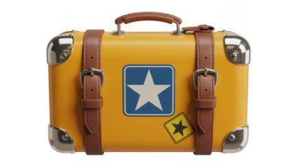 Yellow Suitcase with White Star and Black Star Sticker isolated on a transparent background