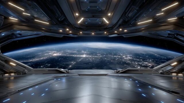Landing bay interior with massive panoramic window overlooking planet Earth from orbit, cinematic sci-fi hangar with symmetrical architecture