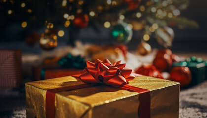 cadeau de No&euml;l dor&eacute; sous le sapin, ambiance festive et magique