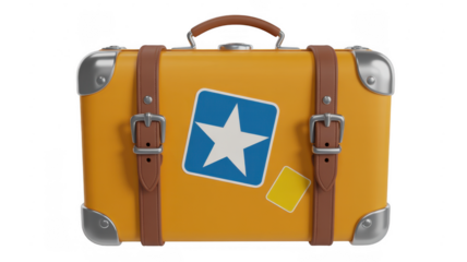 Yellow Suitcase with White Star and Brown Straps isolated on a transparent background