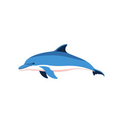 A sleek blue dolphin gracefully swims through clear blue water.