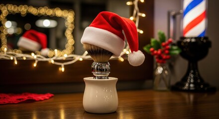 Christmas Santa hat on barber shaving brush in classic barbershop decor