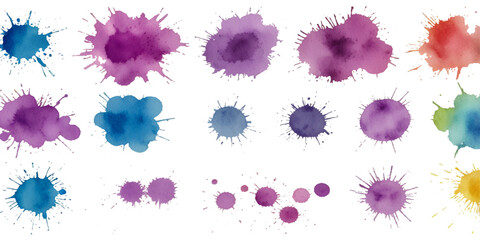 Collection of colorful abstract watercolor splashes and ink blot splatters showing grunge drops, stains, and blobs on white with dynamic artistic flow and texture

