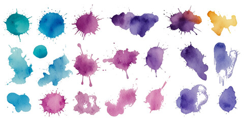 Collection of colorful abstract watercolor splashes and ink blot splatters showing grunge drops, stains, and blobs on white with dynamic artistic flow and texture

