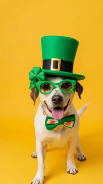 Happy dog wearing st. patrick's day hat and bow tie against vibrant yellow background