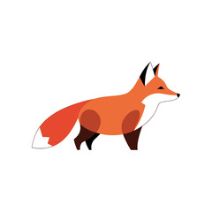 Cartoon fox illustration in orange and white colors with black legs and ears.